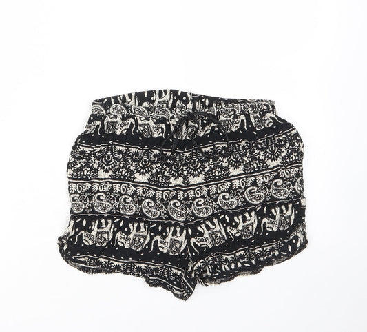 Missguided Womens Black Geometric Viscose Basic Shorts Size 6 Regular Drawstring - Elastic waist