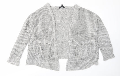 New Look Girls Grey V-Neck Acrylic Cardigan Jumper Size 13-14 Years Pullover - Open, Pockets