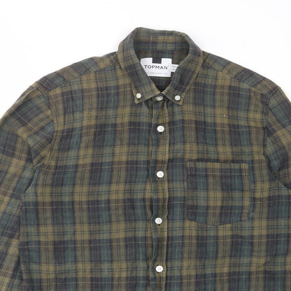 Topman Mens Green Plaid Cotton Button-Up Size S Collared Button - Pocket