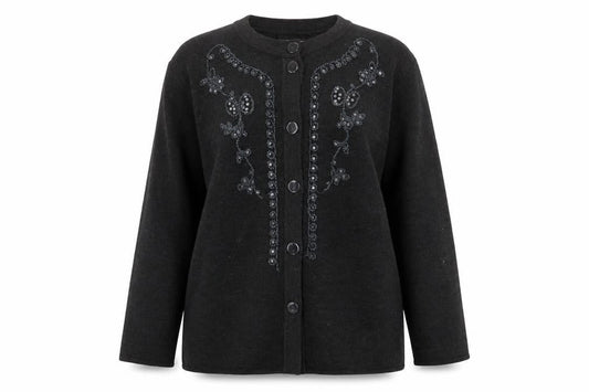 AClassic Womens Grey Crew Neck Acrylic Cardigan Jumper Size L - Embroided, Sequins