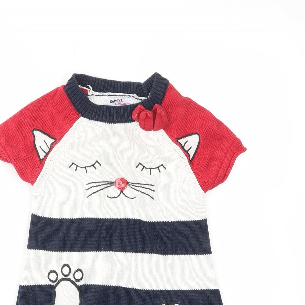 Bapster Girls Multicoloured Striped Cotton A-Line Size 3 Years Crew Neck Pullover - Cat, Embroided