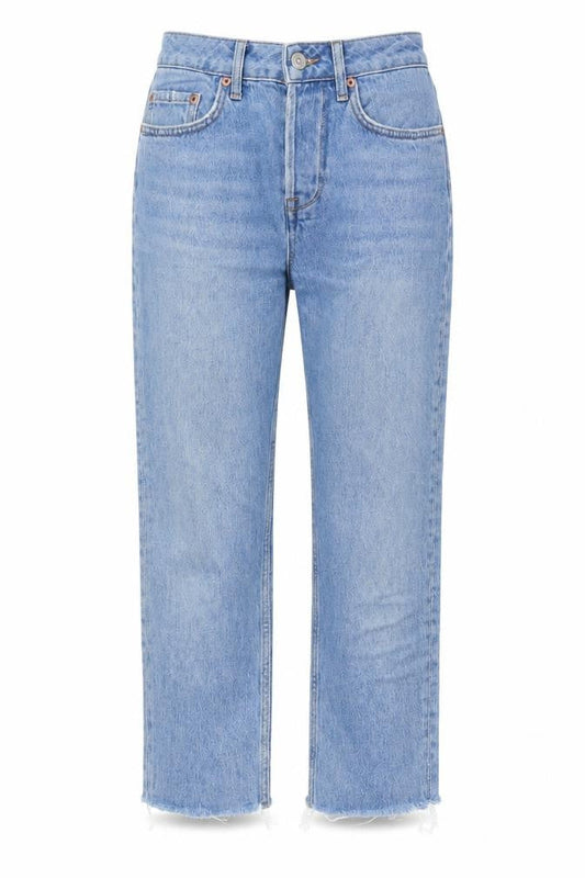 Front view of BDG women’s blue cotton straight jeans, size UK 26, in, 30-inch leg regular zip - pockets, belt loops