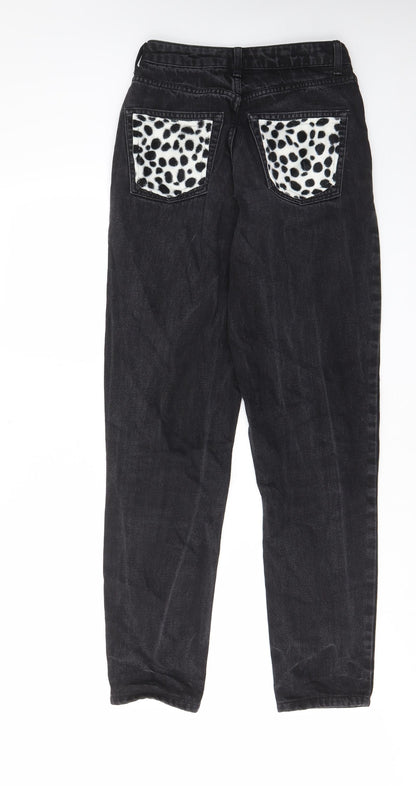 Topshop Womens Black Cotton Straight Jeans Size 26 in L34 in Regular Zip - Pockets, Belt Loops, Animal print pockets