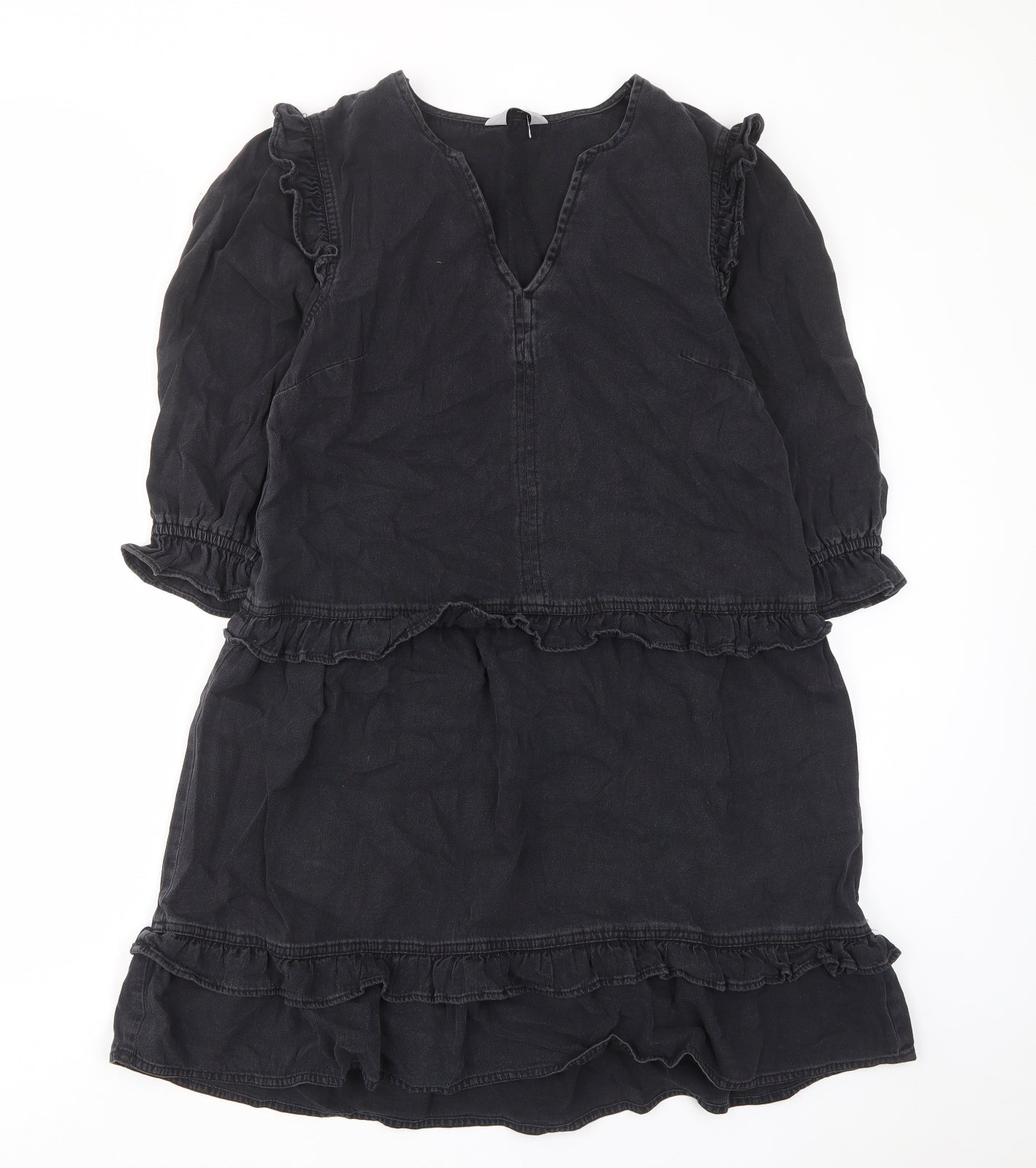 TU Womens Grey Cotton A-Line Size 8 V-Neck Pullover - Frill