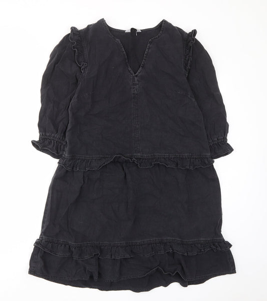 TU Womens Grey Cotton A-Line Size 8 V-Neck Pullover - Frill