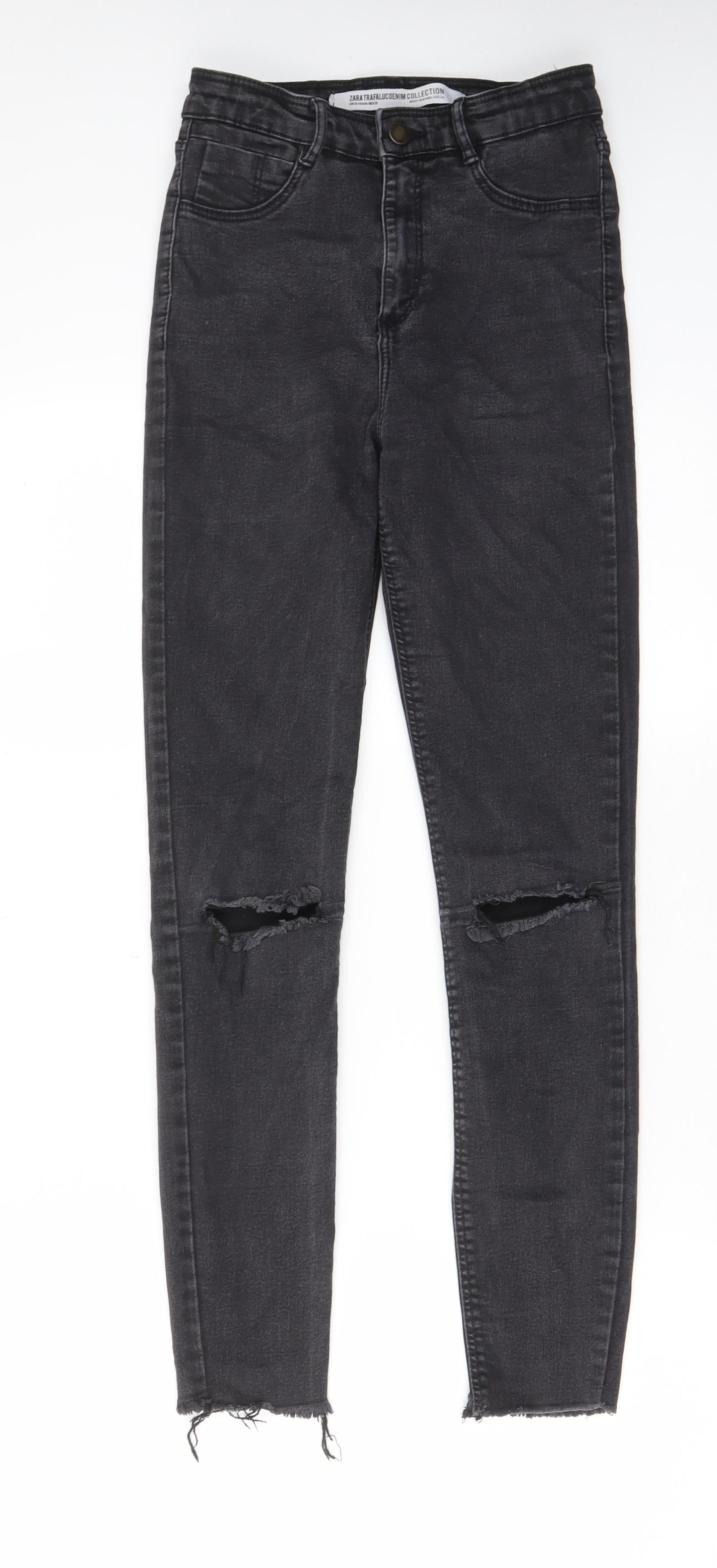 Zara Womens Grey Cotton Skinny Jeans Size 8 L27 in Regular Zip - Pockets, Belt Loops, Open knee