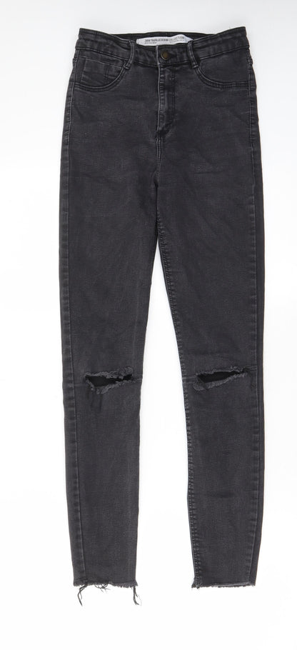 Zara Womens Grey Cotton Skinny Jeans Size 8 L27 in Regular Zip - Pockets, Belt Loops, Open knee
