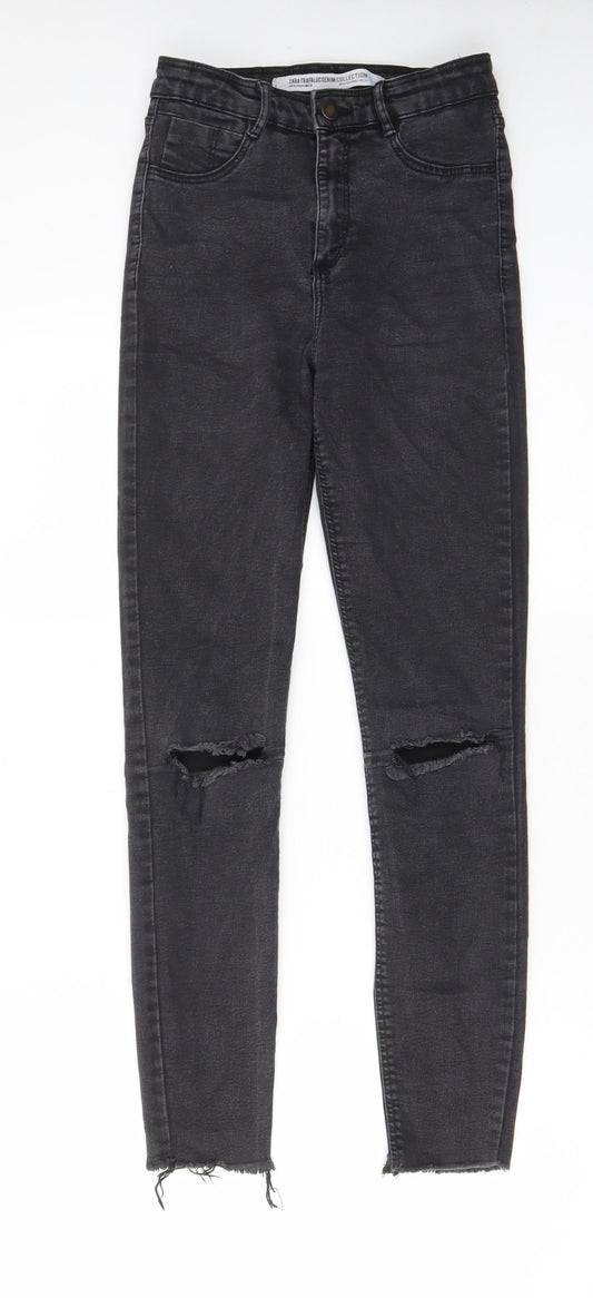 Zara Womens Grey Cotton Skinny Jeans Size 8 L27 in Regular Zip - Pockets, Belt Loops, Open knee
