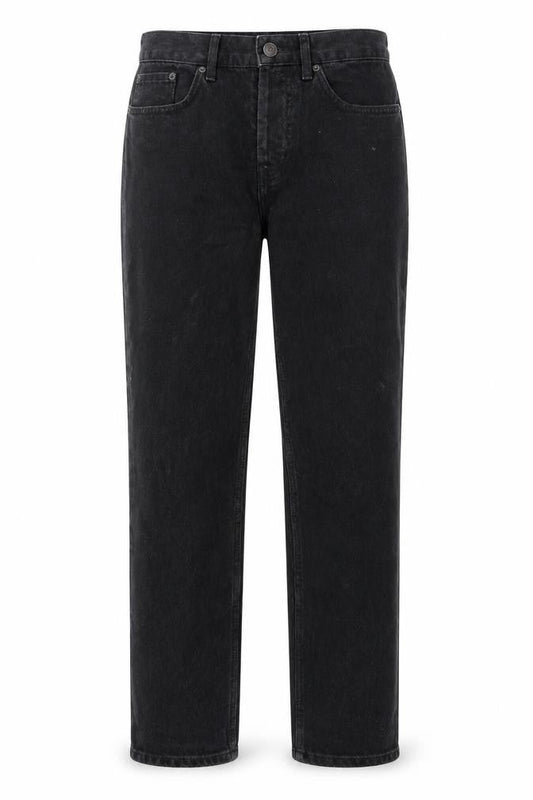Front view of BDG women’s black cotton straight jeans, size UK 28, in, 32-inch leg regular zip - pockets, belt loops