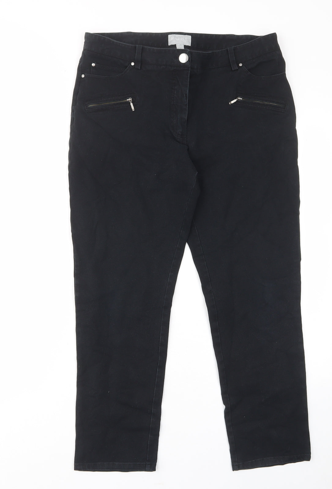 Pure Womens Black Cotton Straight Jeans Size 14 L25 in Regular Zip - Pockets, Belt Loops