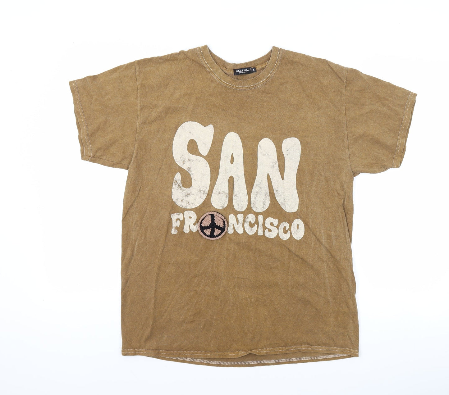 Nasty Gal Womens Brown Polyester Basic T-Shirt Size S Crew Neck - San Francisco, Crochet Detail On Front