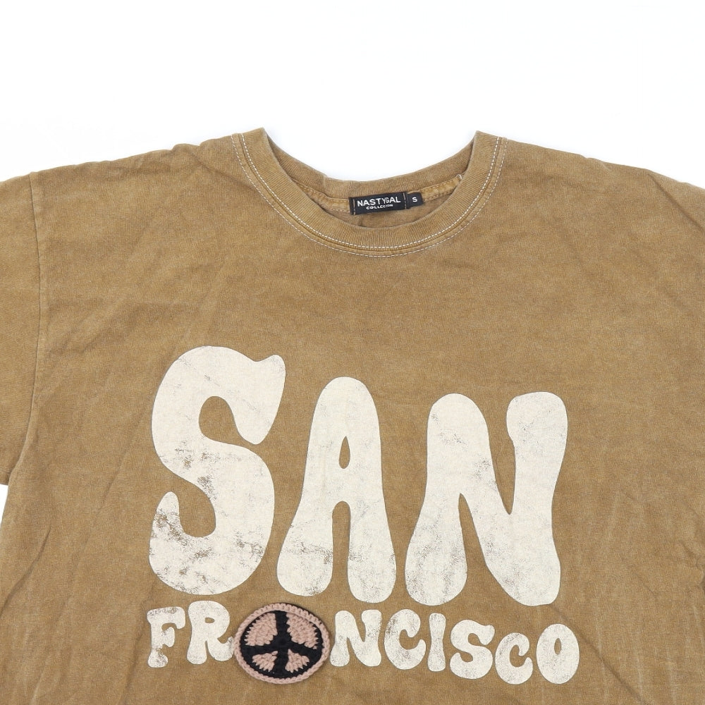Nasty Gal Womens Brown Polyester Basic T-Shirt Size S Crew Neck - San Francisco, Crochet Detail On Front