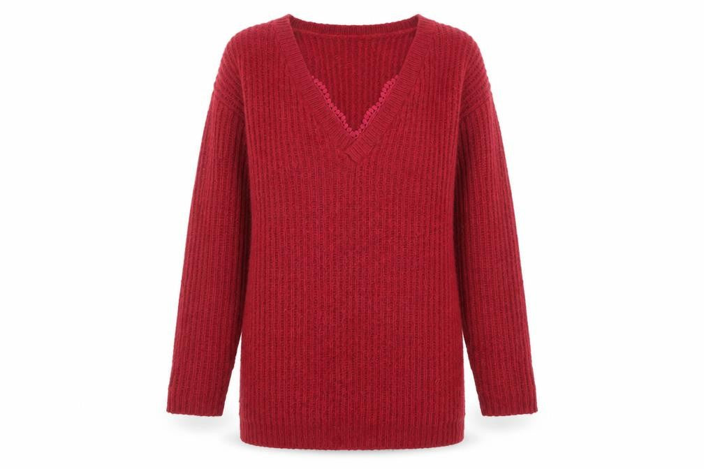 Marks and Spencer Womens Red V-Neck Acrylic Pullover Jumper Size 8