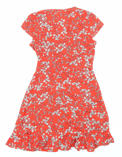 Stella Womens Red Floral Polyester Fit & Flare Size 8 V-Neck Pullover - Ruffle detail