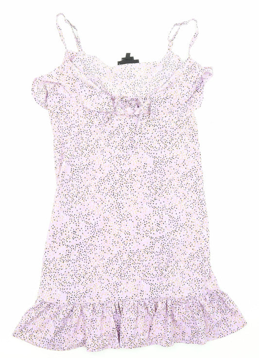 Wednesday's Girl Womens Purple Polka Dot Polyester Mini Size S V-Neck Zip - Ruffle detail