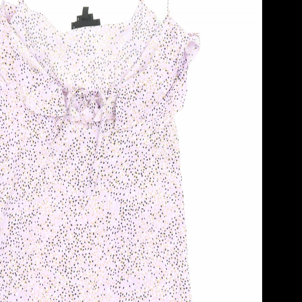 Wednesday's Girl Womens Purple Polka Dot Polyester Mini Size S V-Neck Zip - Ruffle detail