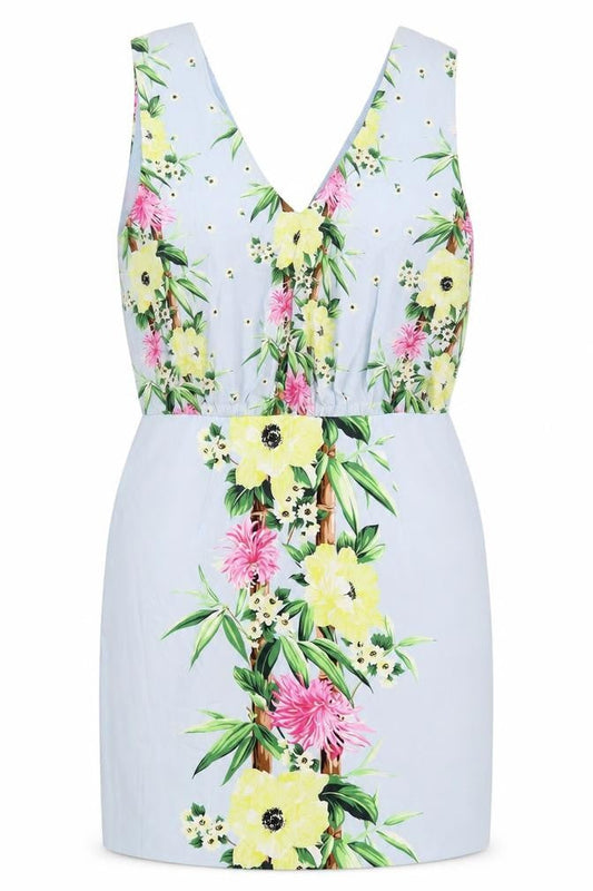 Front view of French Connection women’s blue floral viscose mini, size UK 12, v-neck zip