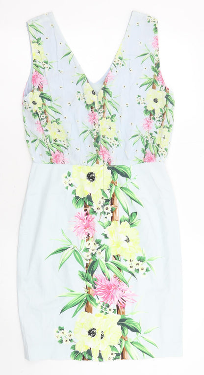 French Connection Womens Blue Floral Viscose Mini Size 12 V-Neck Zip