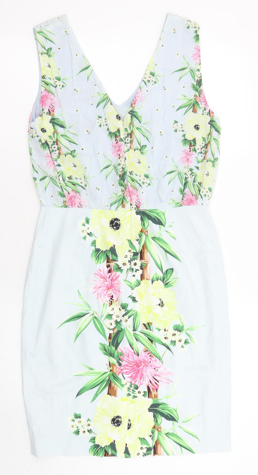 French Connection Womens Blue Floral Viscose Mini Size 12 V-Neck Zip