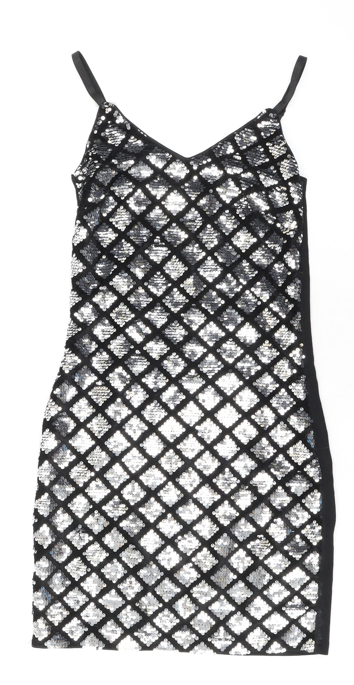 Quiz Womens Silver Geometric Polyester Bodycon Size 6 V-Neck Zip - Sequins