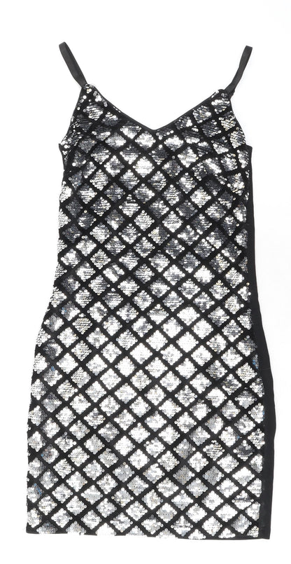 Quiz Womens Silver Geometric Polyester Bodycon Size 6 V-Neck Zip - Sequins
