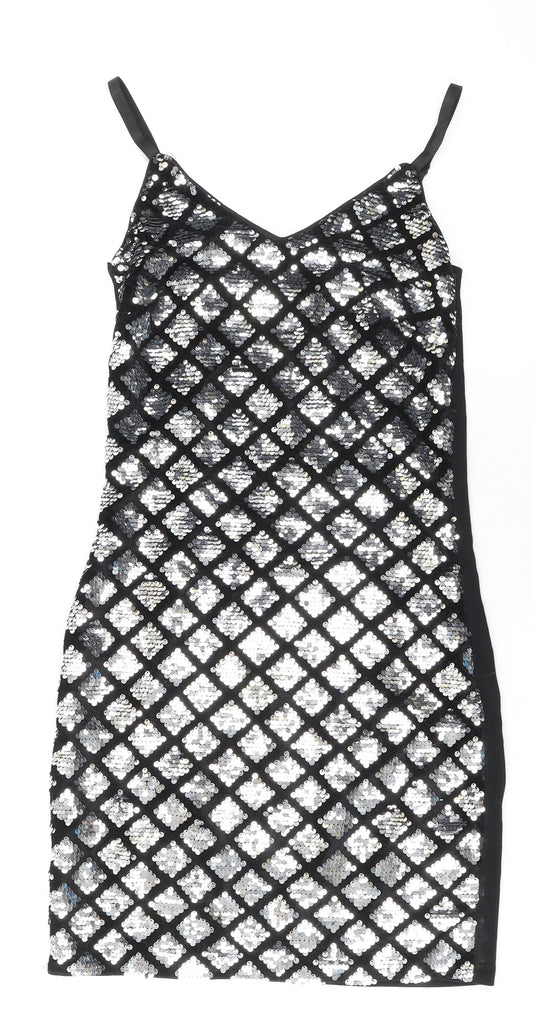 Quiz Womens Silver Geometric Polyester Bodycon Size 6 V-Neck Zip - Sequins