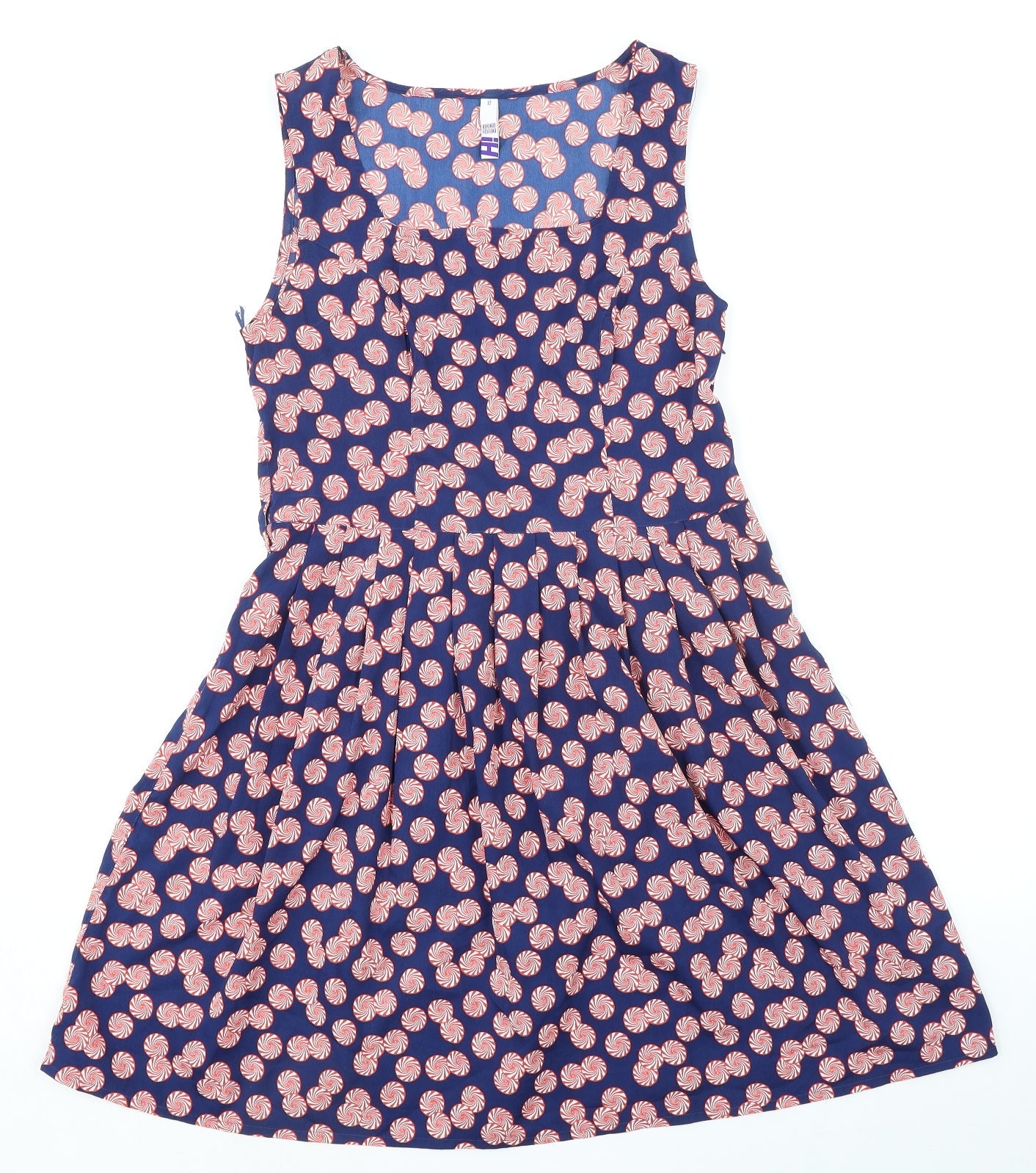 Debenhams Womens Blue Geometric Polyester Fit & Flare Size 12 Square Neck Zip