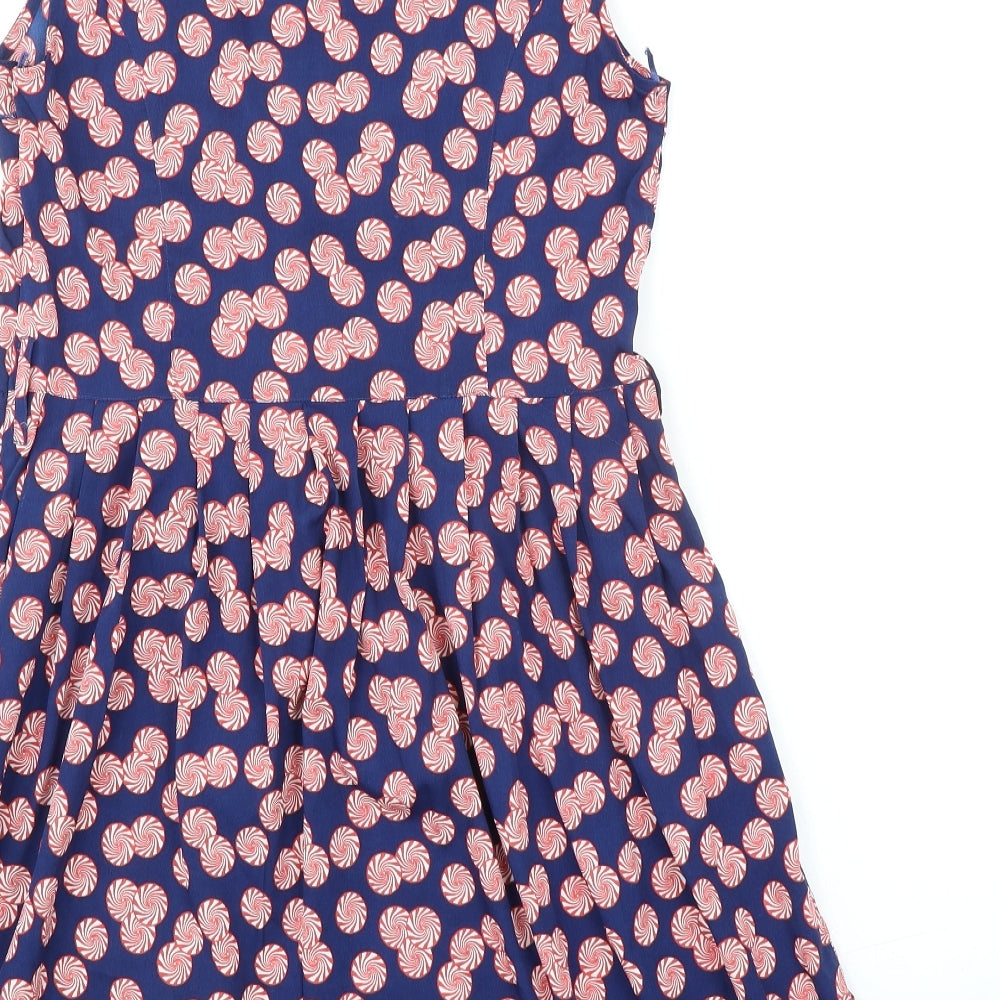 Debenhams Womens Blue Geometric Polyester Fit & Flare Size 12 Square Neck Zip