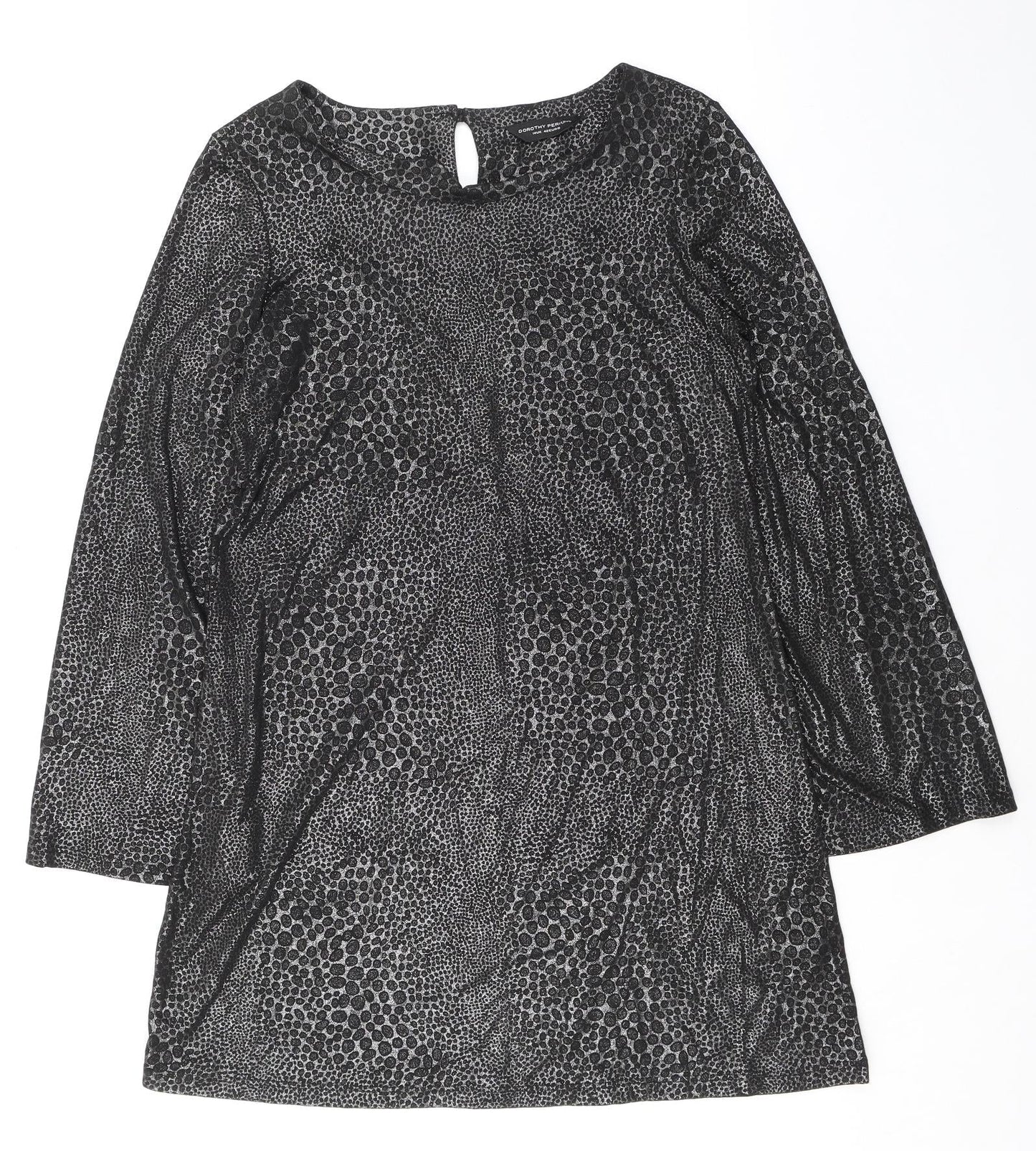 Dorothy Perkins Womens Black Animal Print Polyester Shift Size 14 Boat Neck Pullover - Flute Sleeves