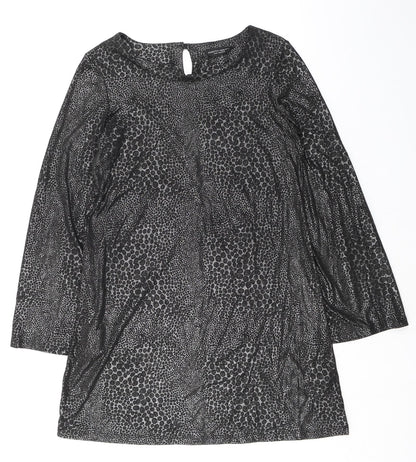 Dorothy Perkins Womens Black Animal Print Polyester Shift Size 14 Boat Neck Pullover - Flute Sleeves
