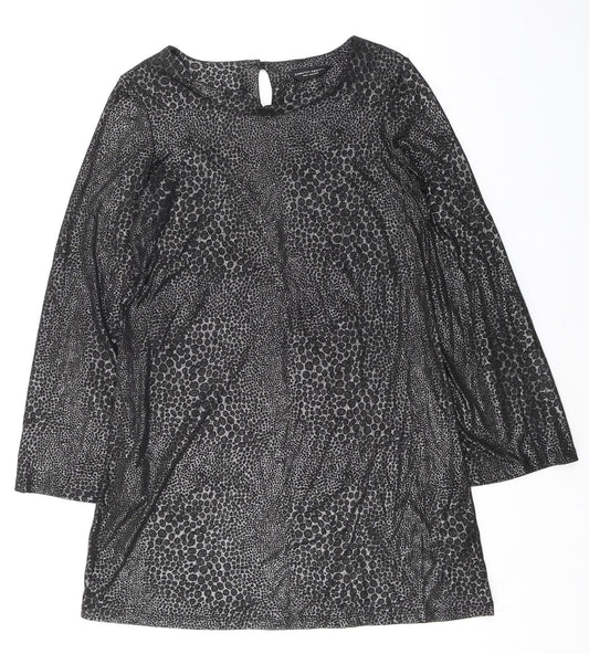 Dorothy Perkins Womens Black Animal Print Polyester Shift Size 14 Boat Neck Pullover - Flute Sleeves