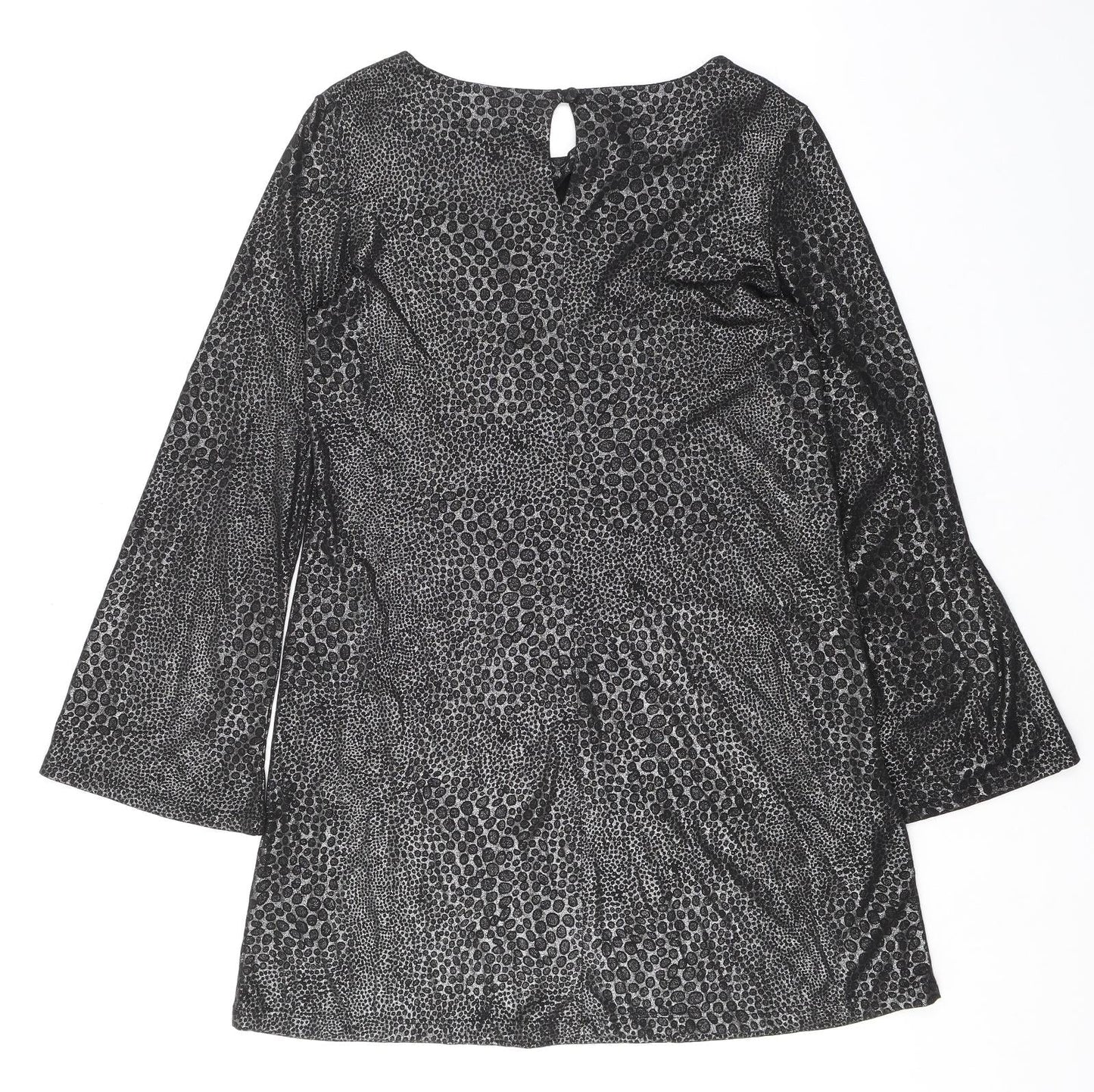 Dorothy Perkins Womens Black Animal Print Polyester Shift Size 14 Boat Neck Pullover - Flute Sleeves