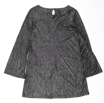 Dorothy Perkins Womens Black Animal Print Polyester Shift Size 14 Boat Neck Pullover - Flute Sleeves