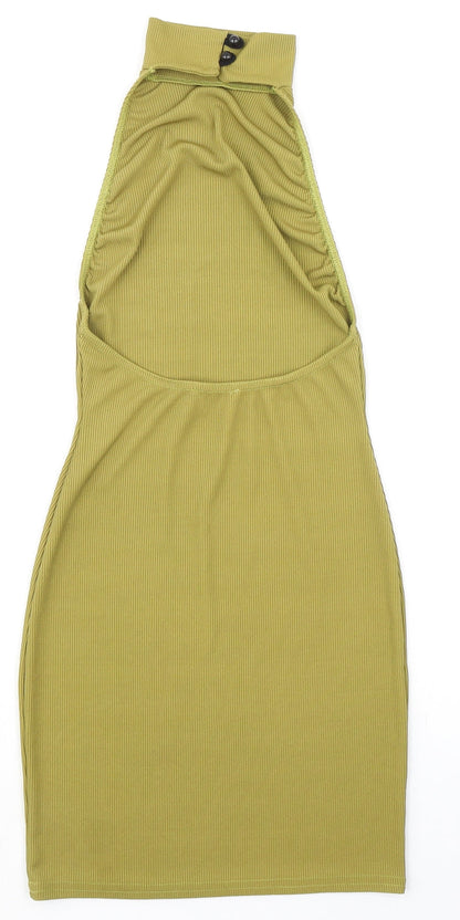 PRETTYLITTLETHING Womens Green Polyester Bodycon Size 8 Halter Button - Ribbed Backless