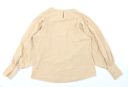 Miss Ronn Womens Beige Cotton Basic Blouse Size 14 Round Neck - Textured
