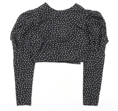 Boohoo Womens Black Polka Dot Polyester Cropped Blouse Size 12 V-Neck - Puff Sleeves