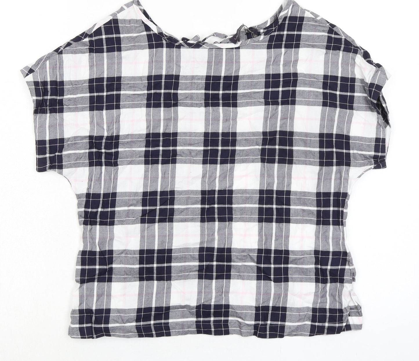 Marks and Spencer Womens Blue Plaid Cotton Basic T-Shirt Size 8 Boat Neck - Keyhole Back