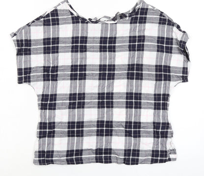 Marks and Spencer Womens Blue Plaid Cotton Basic T-Shirt Size 8 Boat Neck - Keyhole Back