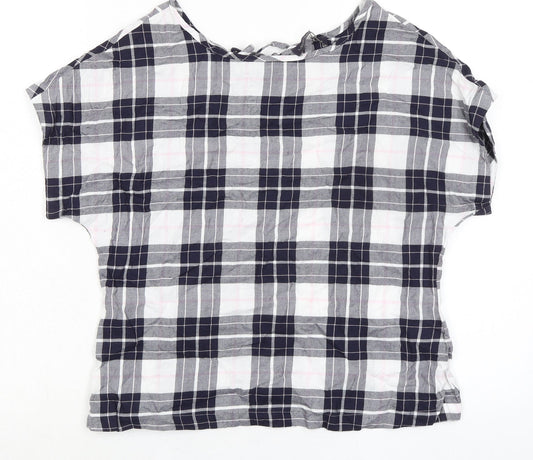 Marks and Spencer Womens Blue Plaid Cotton Basic T-Shirt Size 8 Boat Neck - Keyhole Back