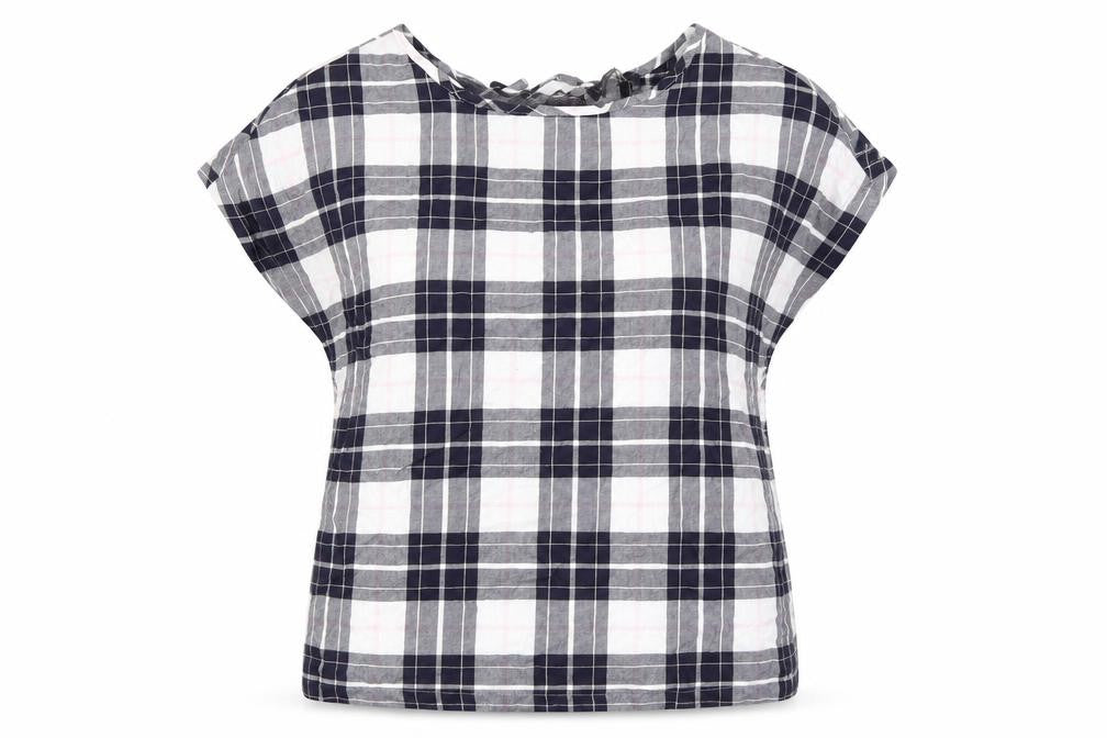 Marks and Spencer Womens Blue Plaid Cotton Basic T-Shirt Size 8 Boat Neck - Keyhole Back