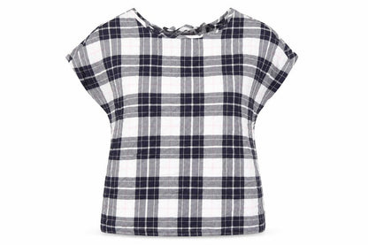 Marks and Spencer Womens Blue Plaid Cotton Basic T-Shirt Size 8 Boat Neck - Keyhole Back