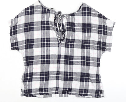 Marks and Spencer Womens Blue Plaid Cotton Basic T-Shirt Size 8 Boat Neck - Keyhole Back