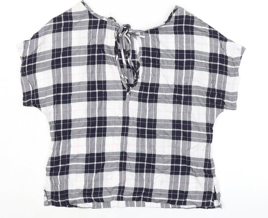Marks and Spencer Womens Blue Plaid Cotton Basic T-Shirt Size 8 Boat Neck - Keyhole Back