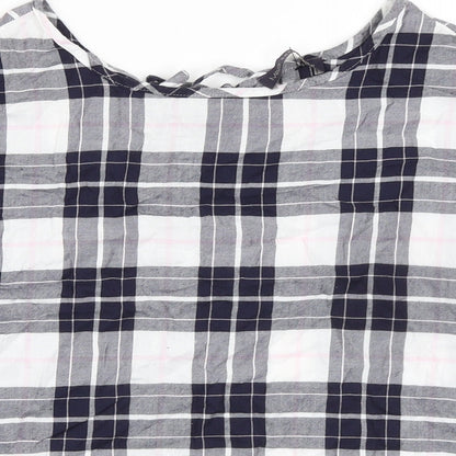 Marks and Spencer Womens Blue Plaid Cotton Basic T-Shirt Size 8 Boat Neck - Keyhole Back