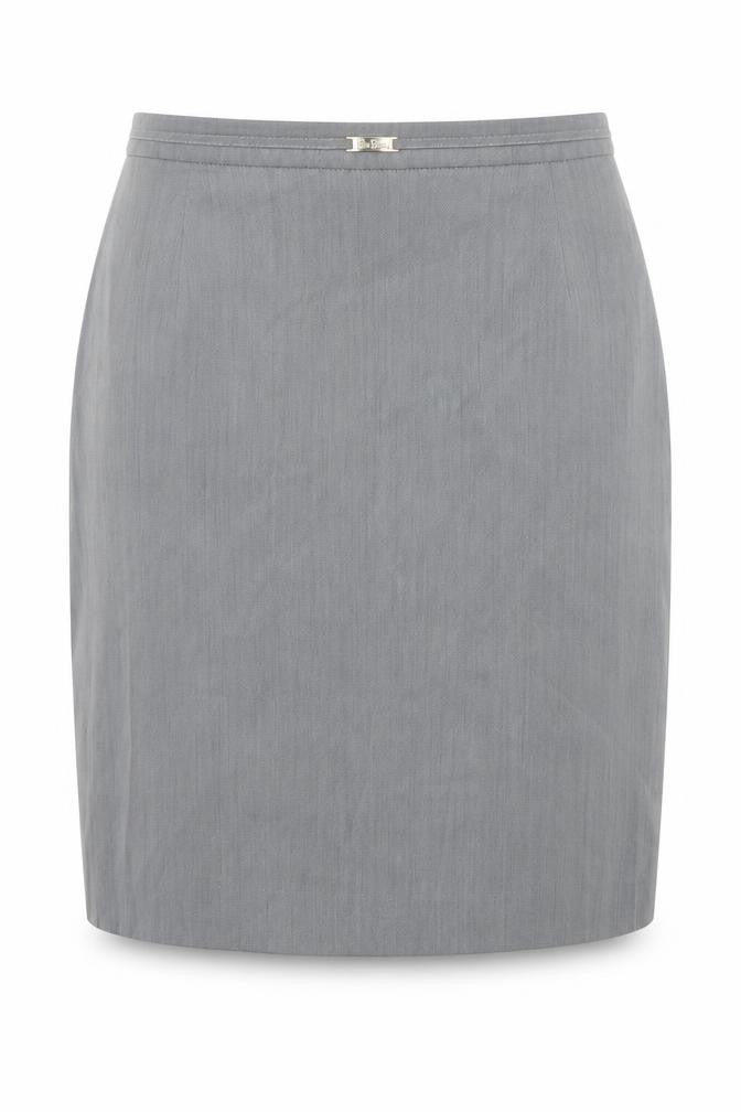 Front view of Betty Jackson women’s grey polyester a-line skirt, size UK 14, zip