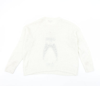 NEXT Womens White Round Neck Acrylic Pullover Jumper Size 12 - Christmas Penguin