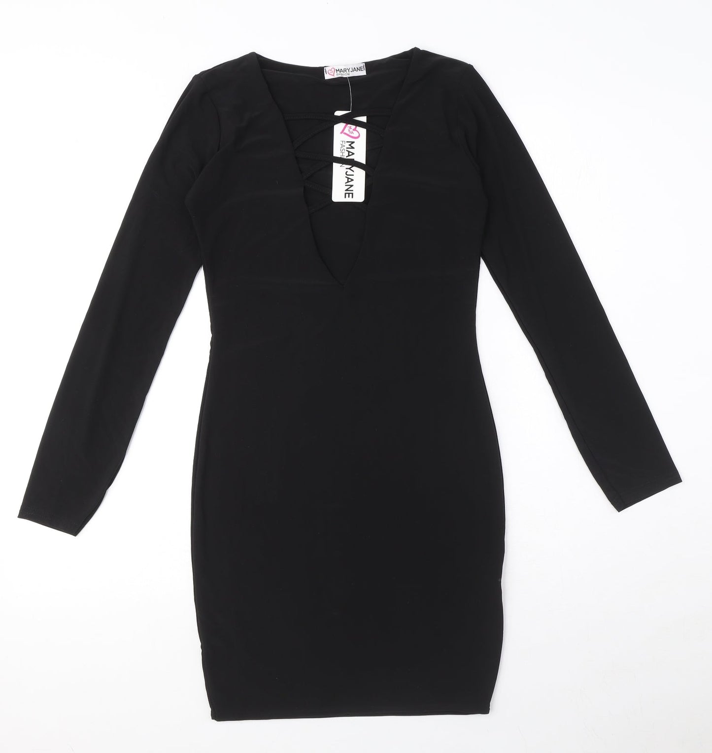 Mary Jane Fashion Womens Black Polyester Mini Size 10 V-Neck Pullover - Lace up Neck Detail