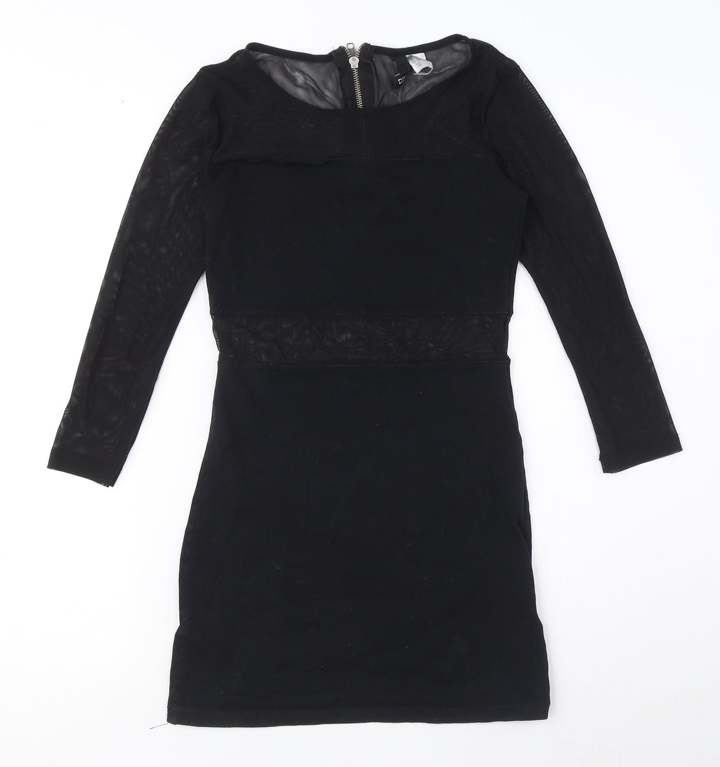 89th & Madison Womens Black Cotton Mini Size 6 Round Neck Zip - Mesh Cut Out Detail