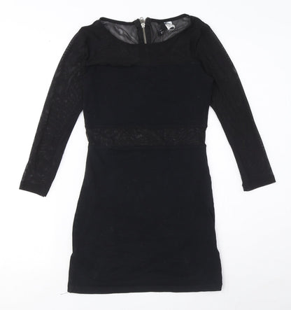 89th & Madison Womens Black Cotton Mini Size 6 Round Neck Zip - Mesh Cut Out Detail