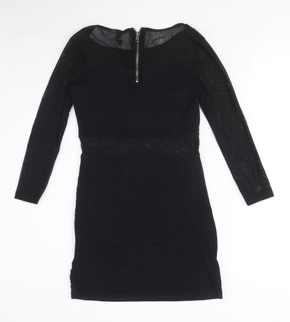 89th & Madison Womens Black Cotton Mini Size 6 Round Neck Zip - Mesh Cut Out Detail